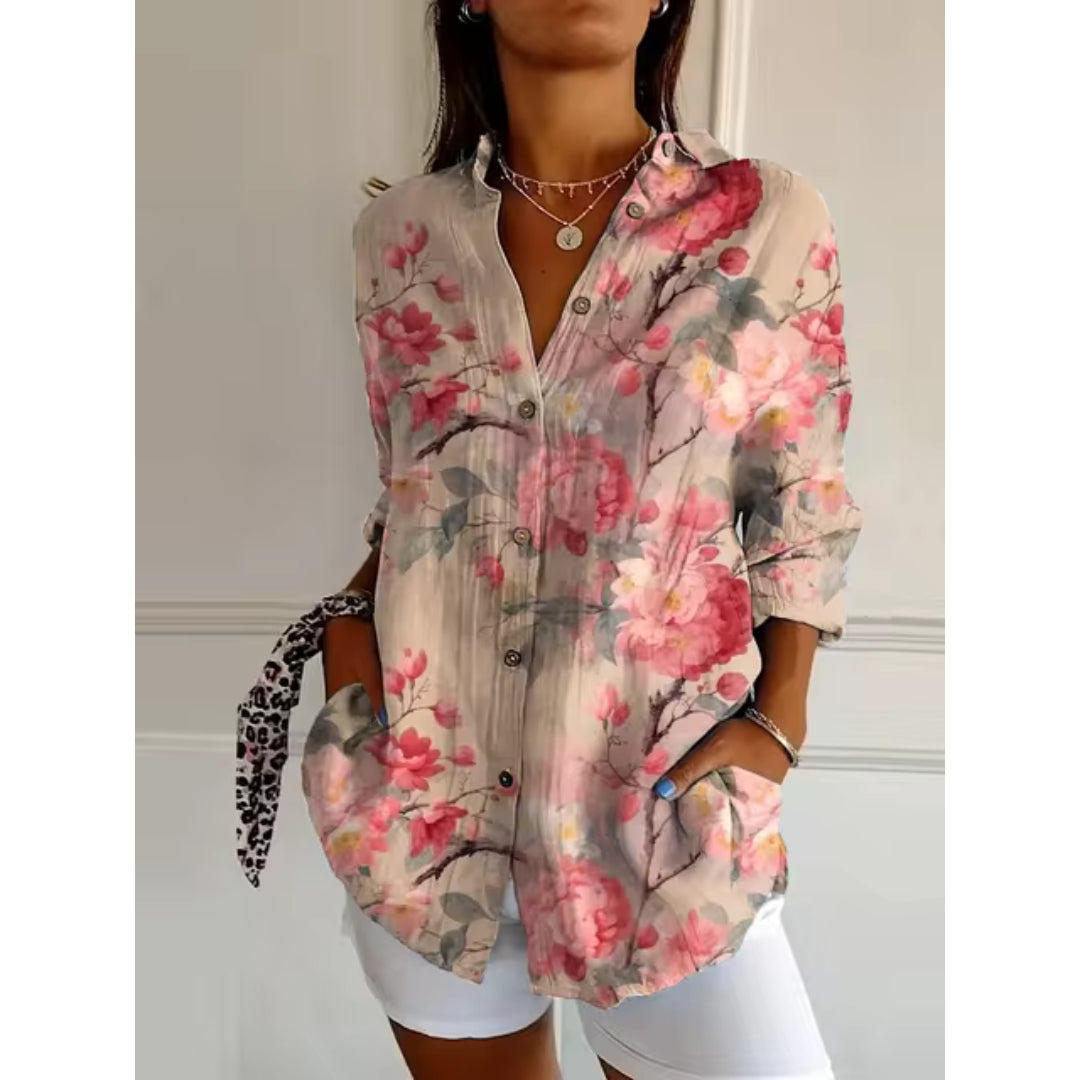 Damen Blumenbluse Knopfleiste Lange Ärmel Luftig Rosa - Norvielle