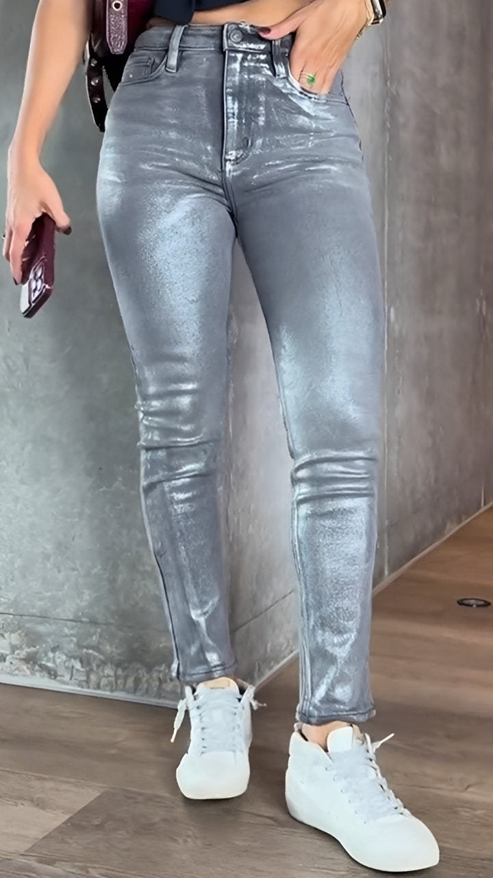 Damen Skinny Jeans Glänzend Schwarz - Norvielle