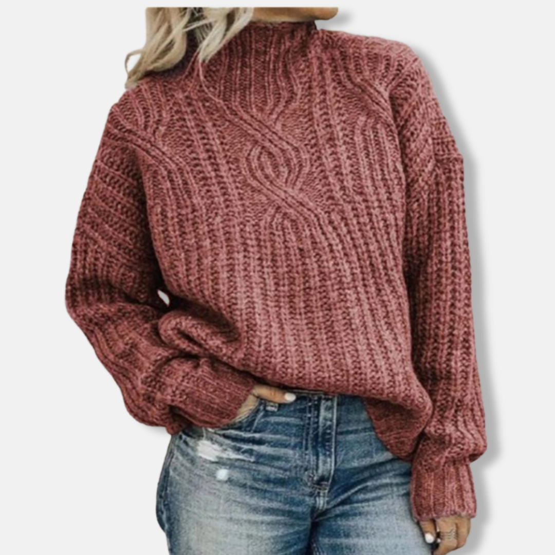 Wollpullover Damen Kabelstrick Sweatshirt Hoher Kragen Lässig