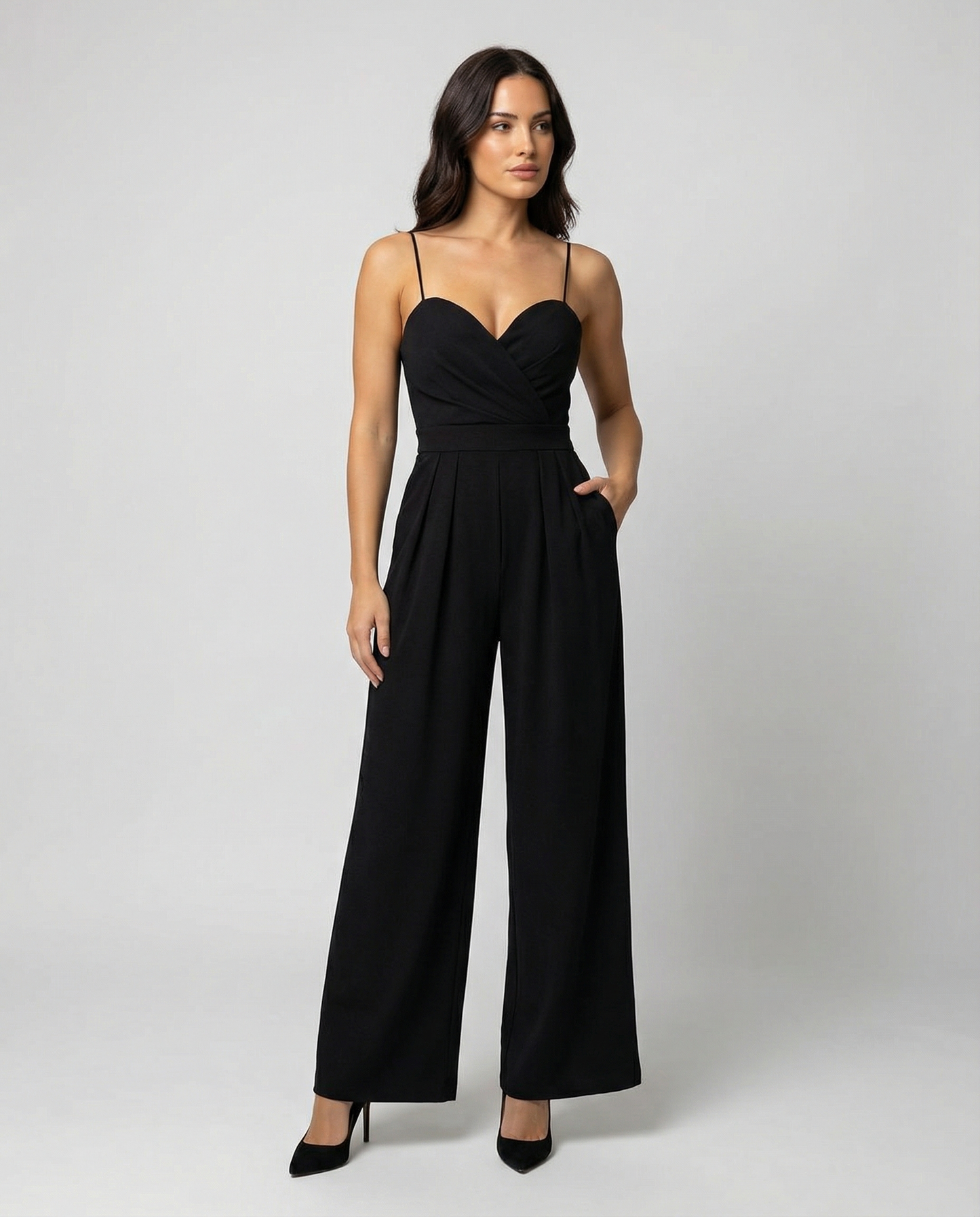 Damen Jumpsuit Elegantes Fließendes Design Spaghettibänder Schwarz - Norvielle