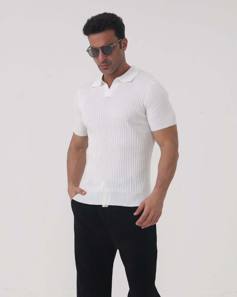 Herren Poloshirt V-Ausschnitt Ribstrick Weiß