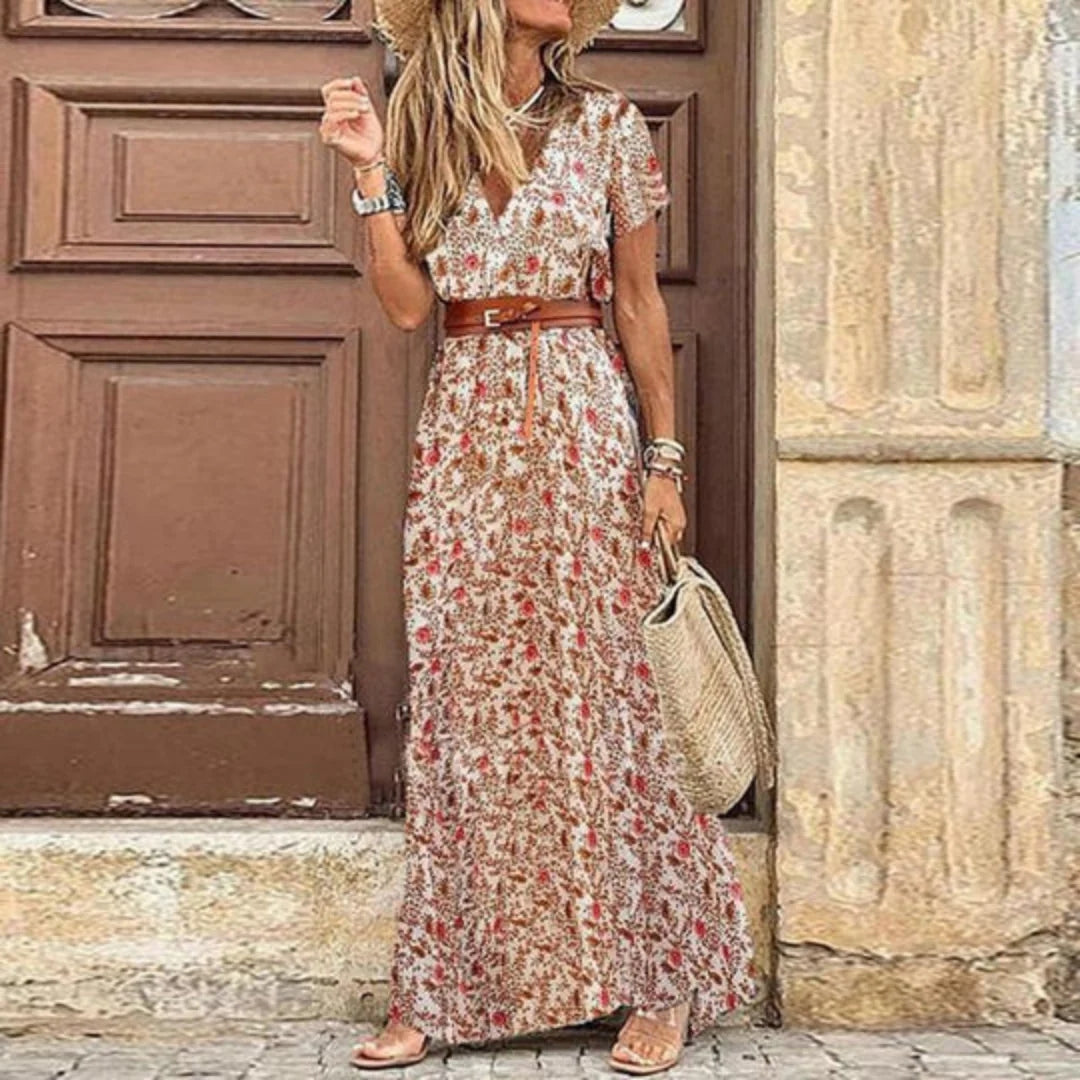 Damen Maxikleid Boho Blumenmuster V-Ausschnitt - Norvielle
