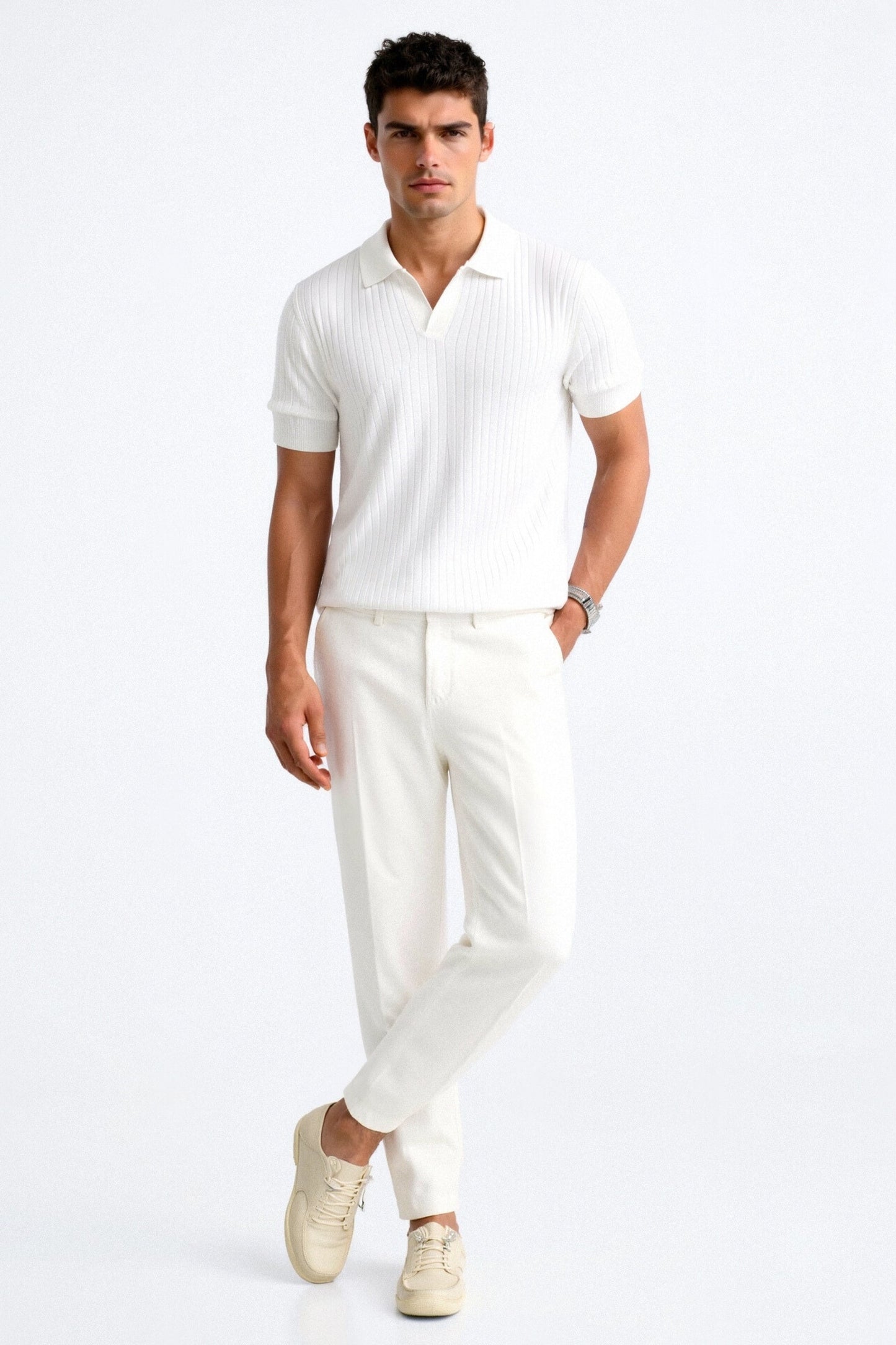 Herren Poloshirt Kurzarm Gerippt Elegant Weiß