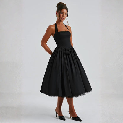 Damen Hochzeitsgastkleid Midikleid Neckholder