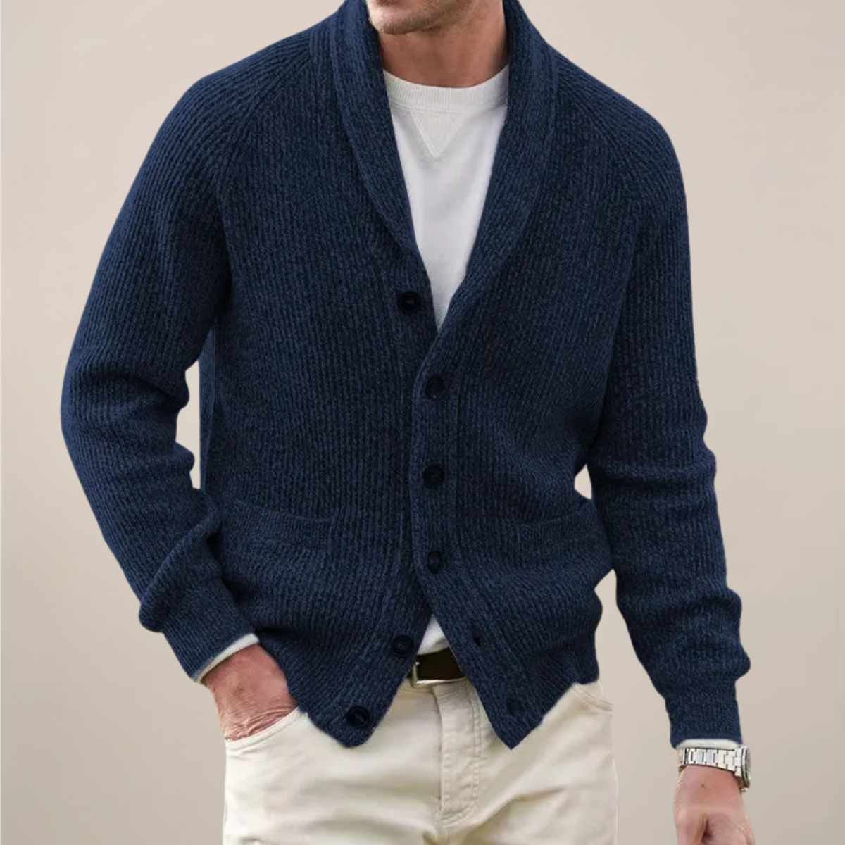 Herren Strickjacke mit Schalkragen und Knöpfen Beige - Norvielle