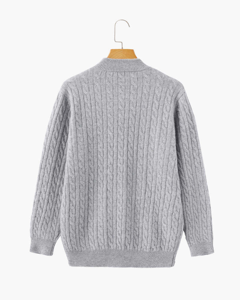 Herren Chasmere Pullover Kabelstrickmuster Halb Reißverschluss Beige