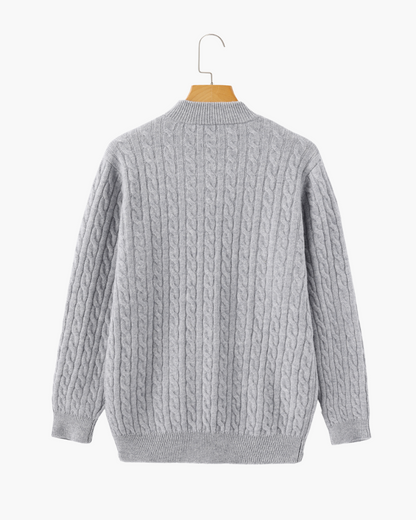 Herren Chasmere Pullover Kabelstrickmuster Halb Reißverschluss Beige
