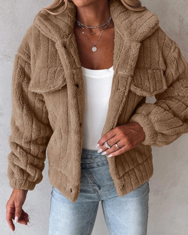 Damen Teddyjacke Kurz Reverskragen Kuschelig