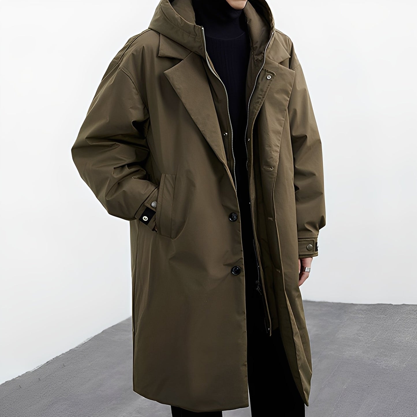 Herren Trenchcoat Lang mit Kapuze Wasserabweisend