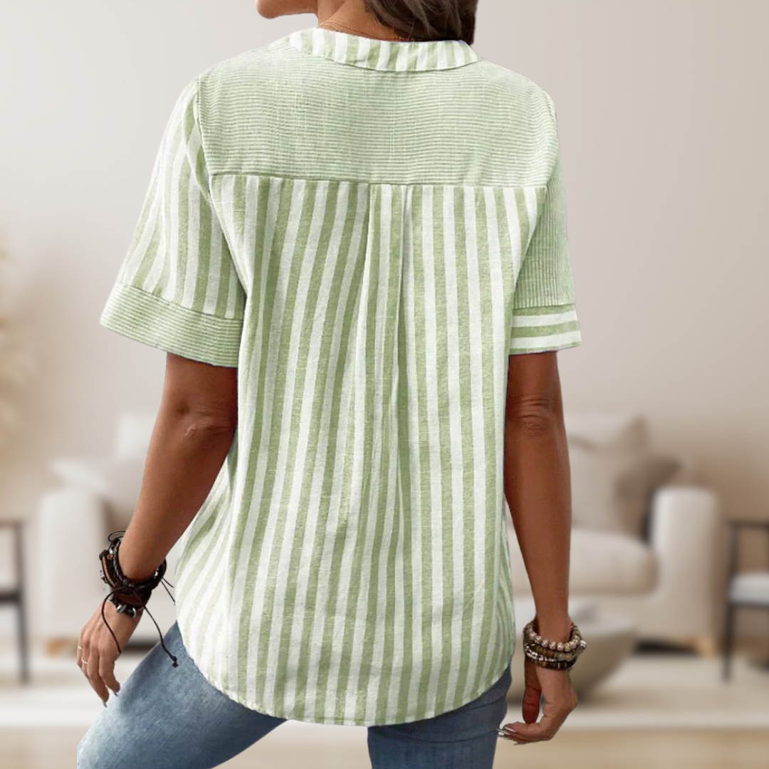 Damen Streifenbluse V-Ausschnitt Knopfdetails Elegante Weiße