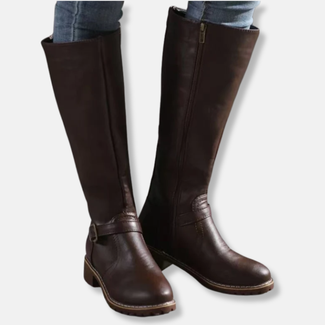 Damen Stiefel Kunstleder Kniefester Schaft Niedriger Blockabsatz