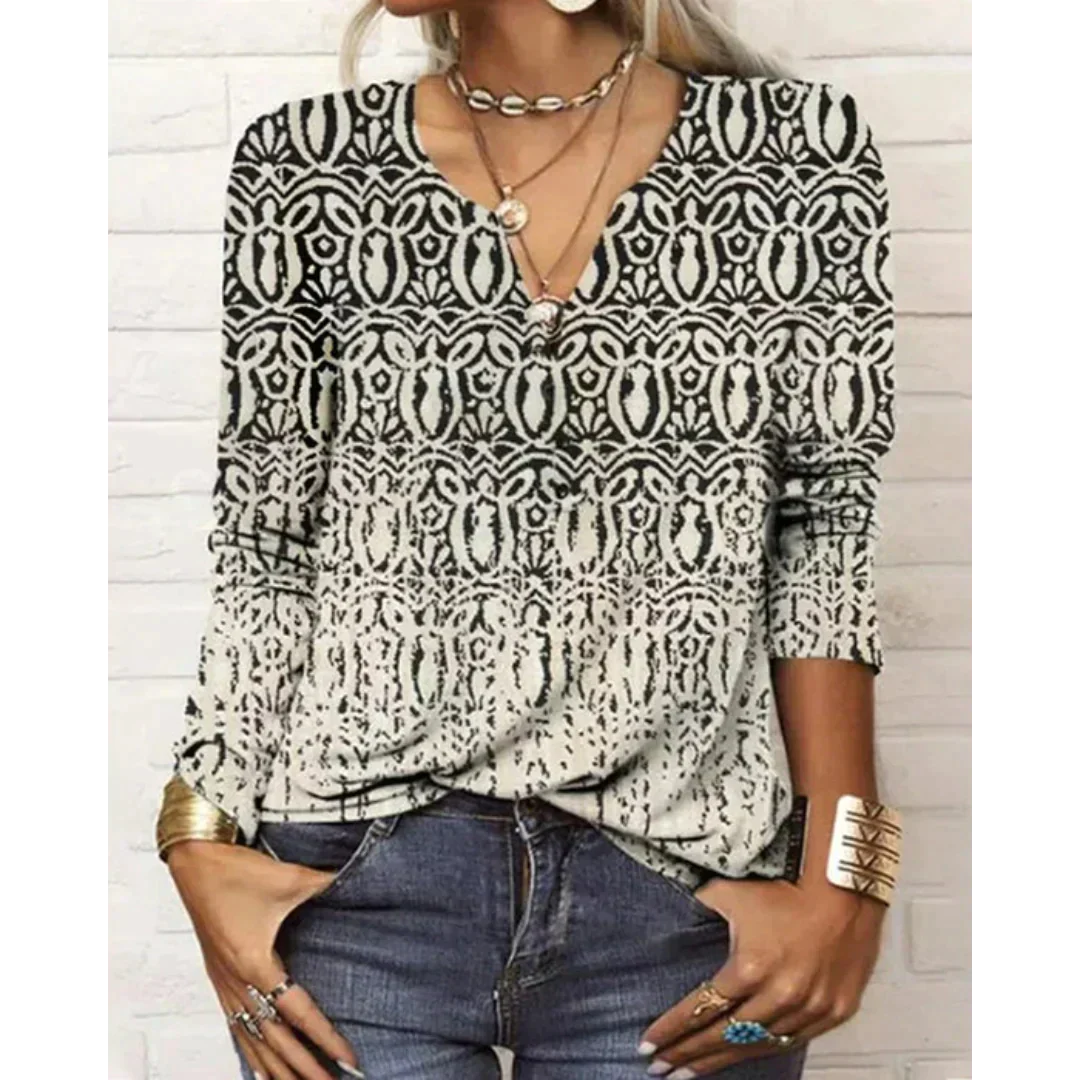 Damen Bluse Boho-Stil Langärmelig V-Ausschnitt Mehrfarbig