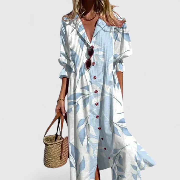 Damen Midi Kleid mit Blumenmuster und Knopfleiste Vorne - Norvielle
