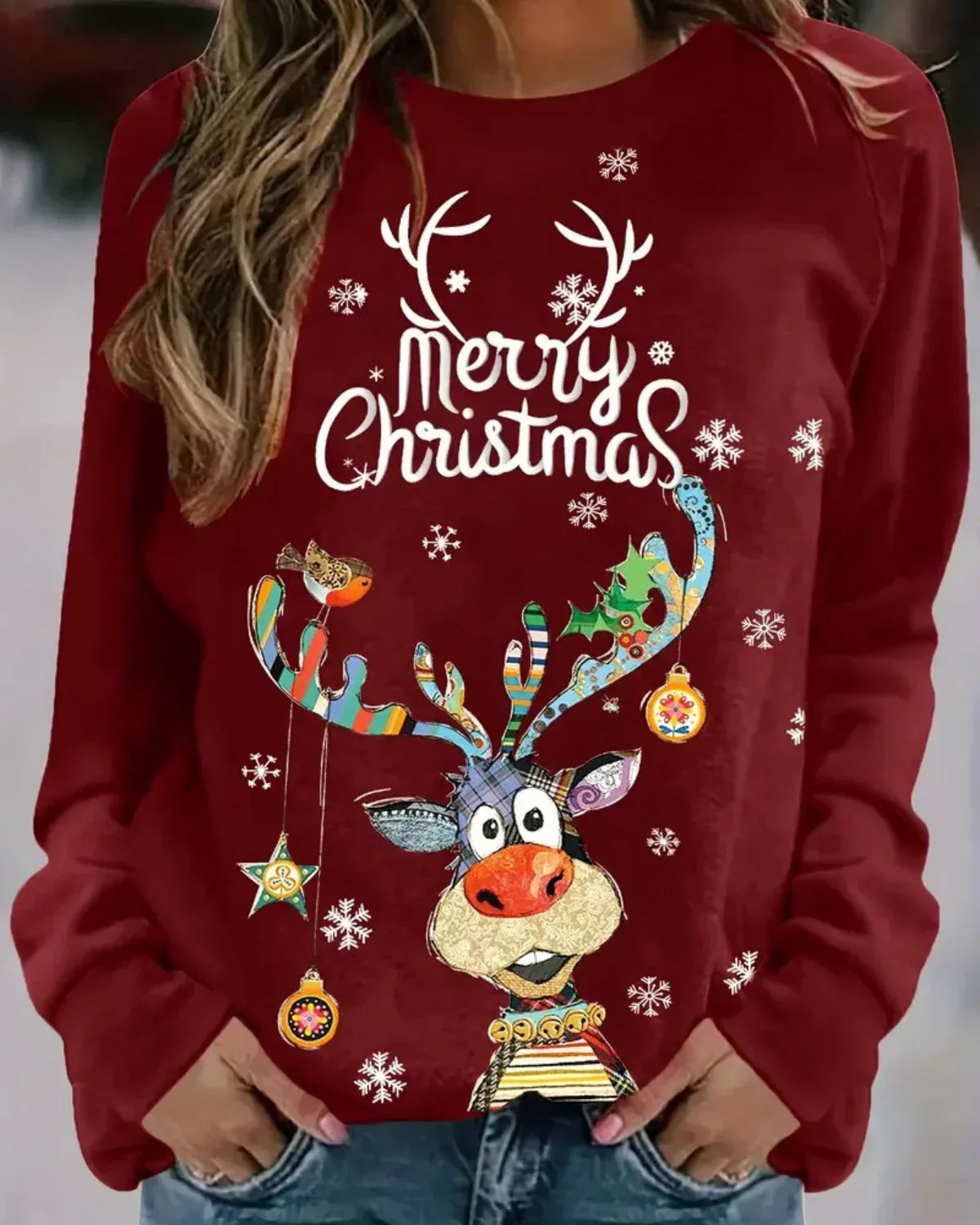 Damen Weihnachtspullover Rentier Motiv Warm