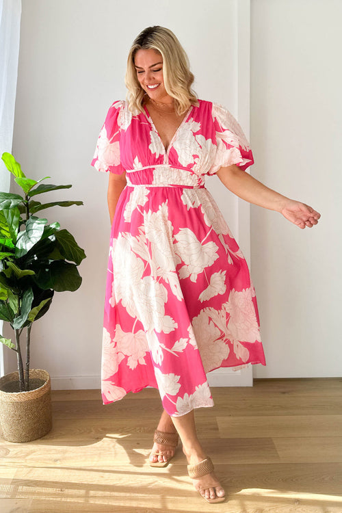 Norvielle Damen Maxi-Kleid Puffärmel Print