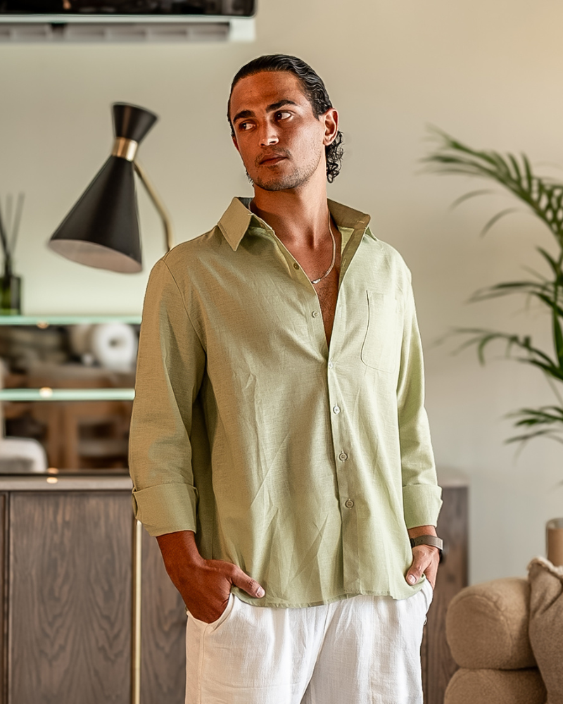 Herren Leinenhemd Langarm Leicht Beige
