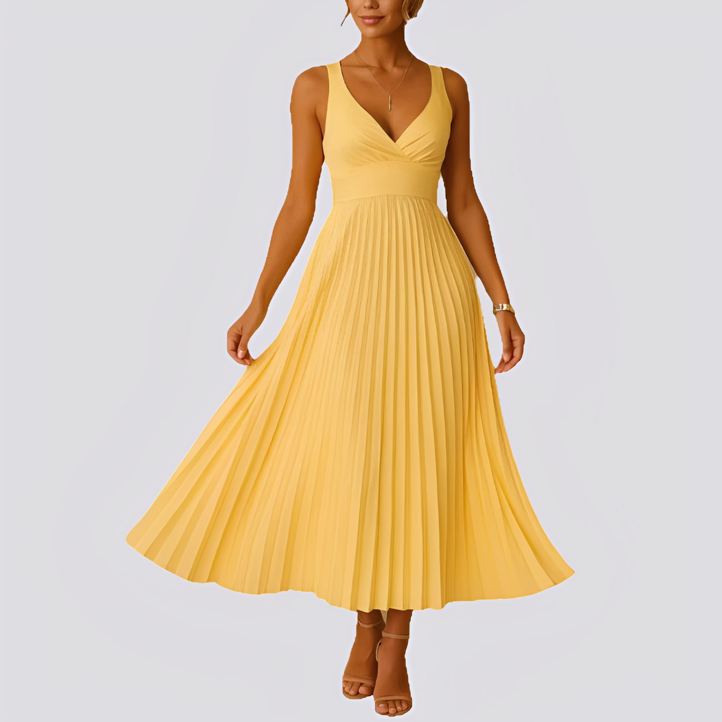Damen Maxikleid Plissee V-Ausschnitt Elegantes Schwarz - Norvielle