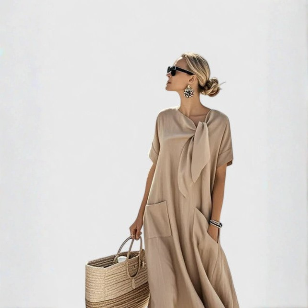 Damen Midi Kleid Mit Bindekragen Leicht Lockeres Design