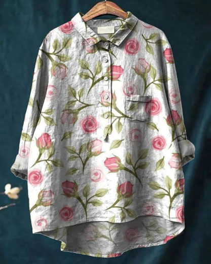 Damen Bluse Floral-Muster Knöpfe