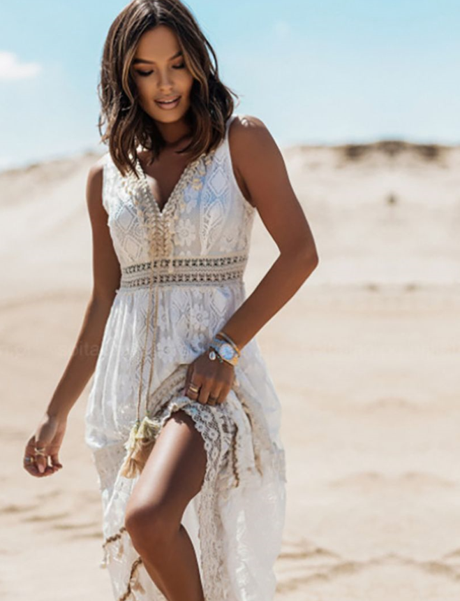 Damen Maxikleid Boho Spitze V-Ausschnitt