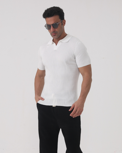 Herren Rippenstrick Poloshirt V-Ausschnitt