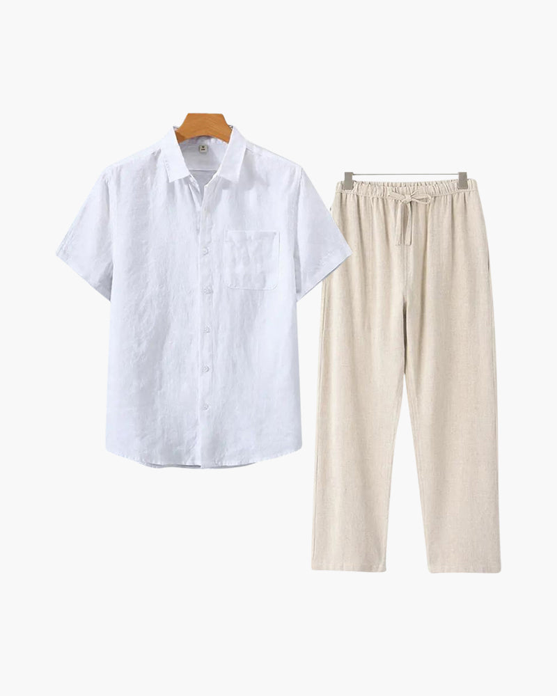 Lincoln Herren Leinen-Set Kurzarmhemd Sommerhose Beige