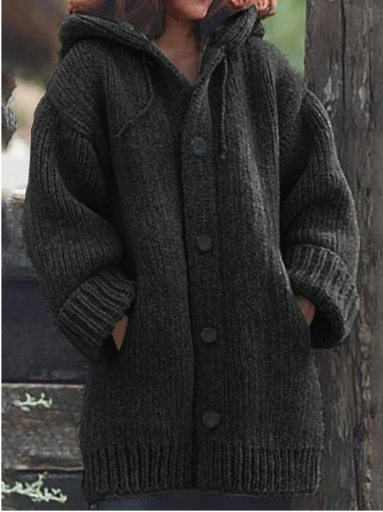 Norvielle Damen Strickjacke Kapuze Knöpfe