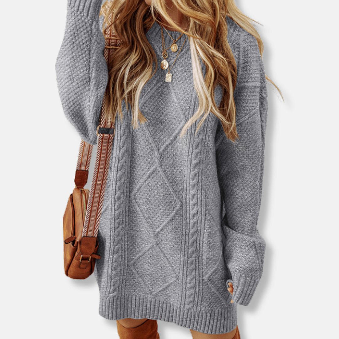 Damen Sweatshirt Kabelstrick Lockere Passform Knielang Langarm Grau