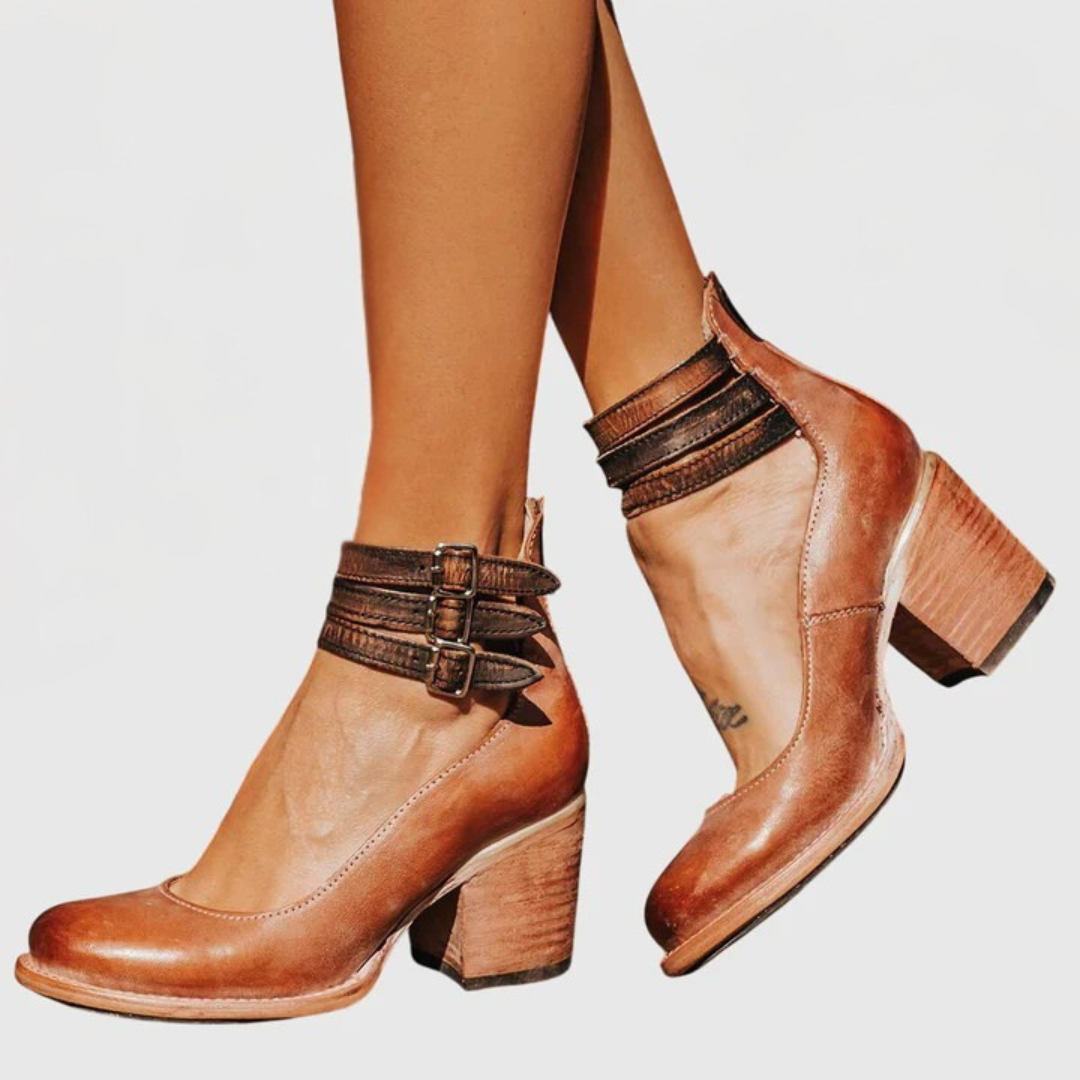 Damen Schnallenriemen Stiefel Blockabsatz