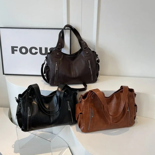 Damen Handtasche Groß Schultergurt Leder Schwarz - Eveloria