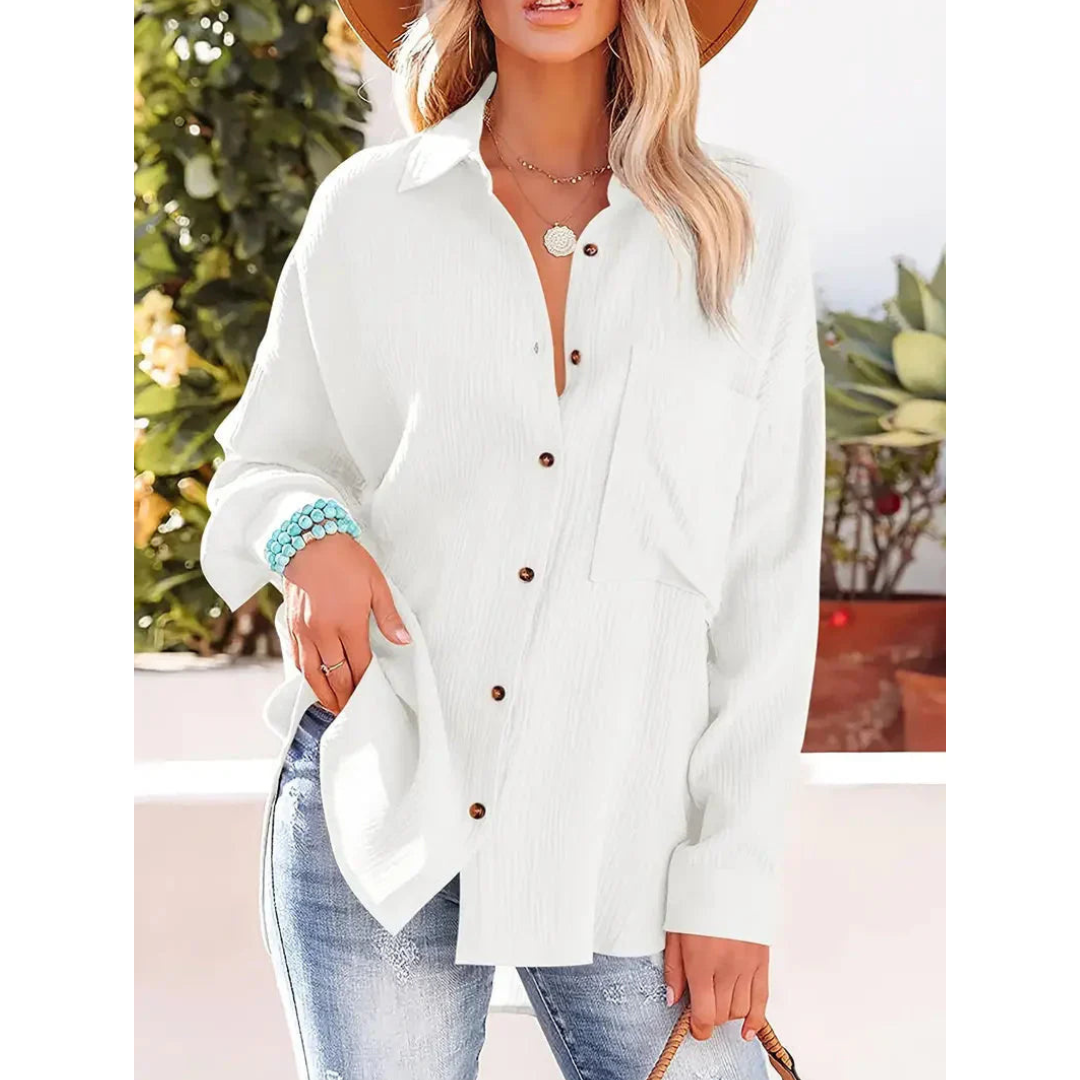 Damen Unifarben Bluse Knopfleiste Hemdkragen Langarm Elegante Bluse