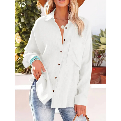 Damen Unifarben Bluse Knopfleiste Hemdkragen Langarm Elegante Bluse
