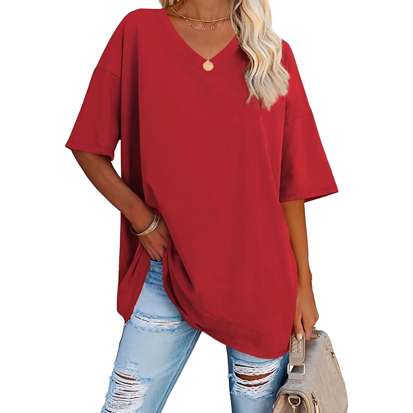 Damen V-Ausschnitt Shirt Lässig Leicht