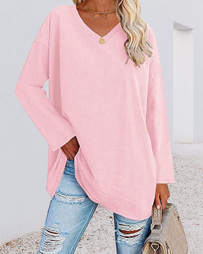 Norvielle Damen Langarm T-Shirt V-Ausschnitt Einfarbig