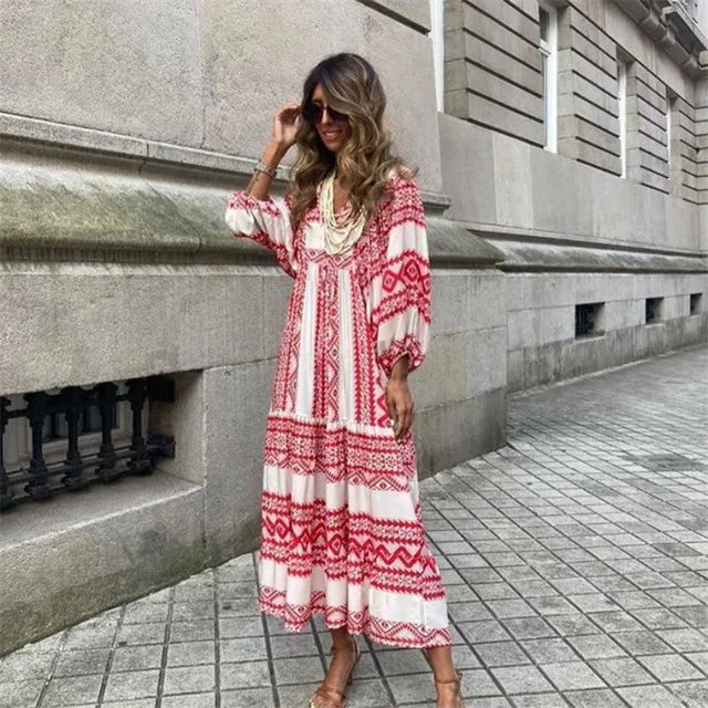 Damen Boho Maxi Kleid Blumenprint V-Ausschnitt Halbarm