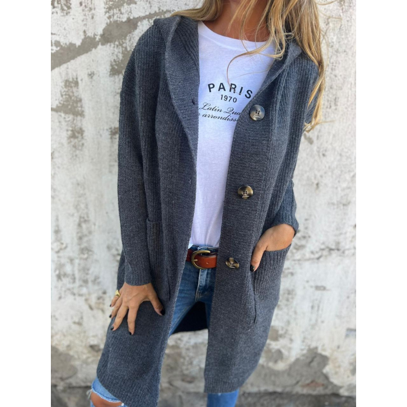 Norvielle Damen Cardigan Lang Mit Kapuze Große Knöpfe