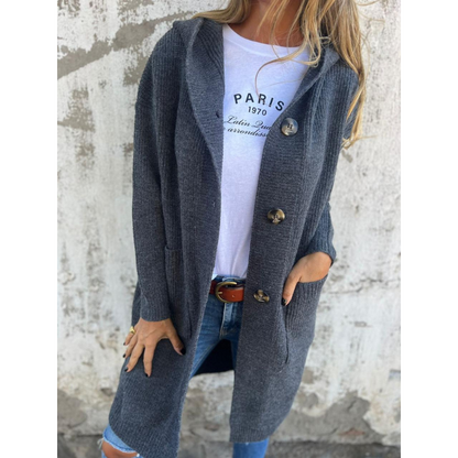 Norvielle Damen Cardigan Lang Mit Kapuze Große Knöpfe