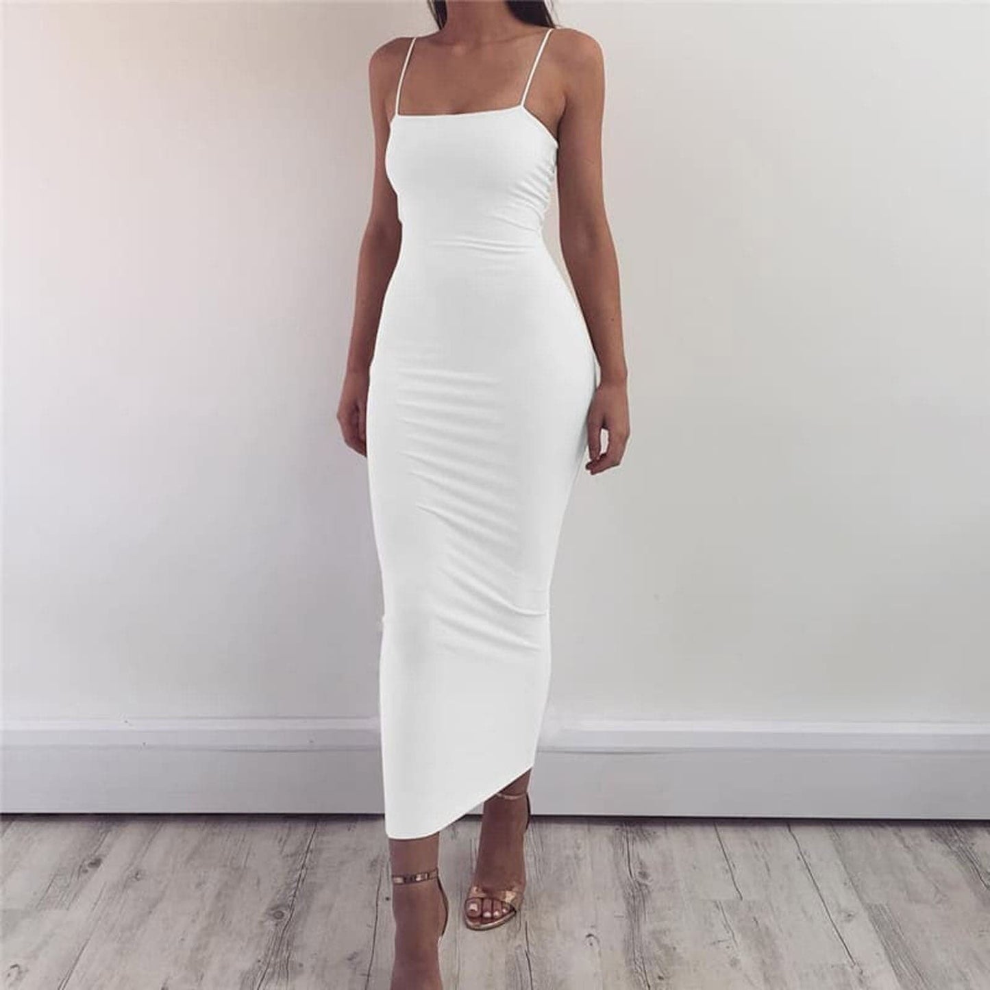 Damen Bodycon Kleid Midi Länge Spaghettiträger Elegant