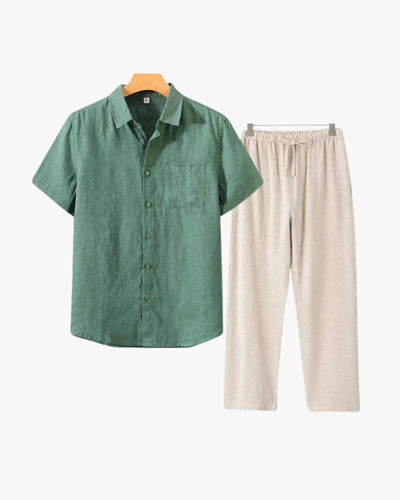 Lincoln Herren Leinen-Set Kurzarmhemd Sommerhose Beige
