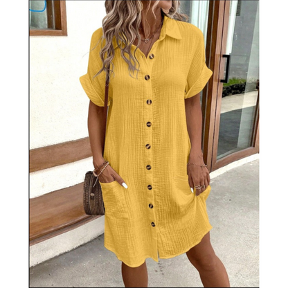 Damen Strandkleid Kurzarm Knopfleiste