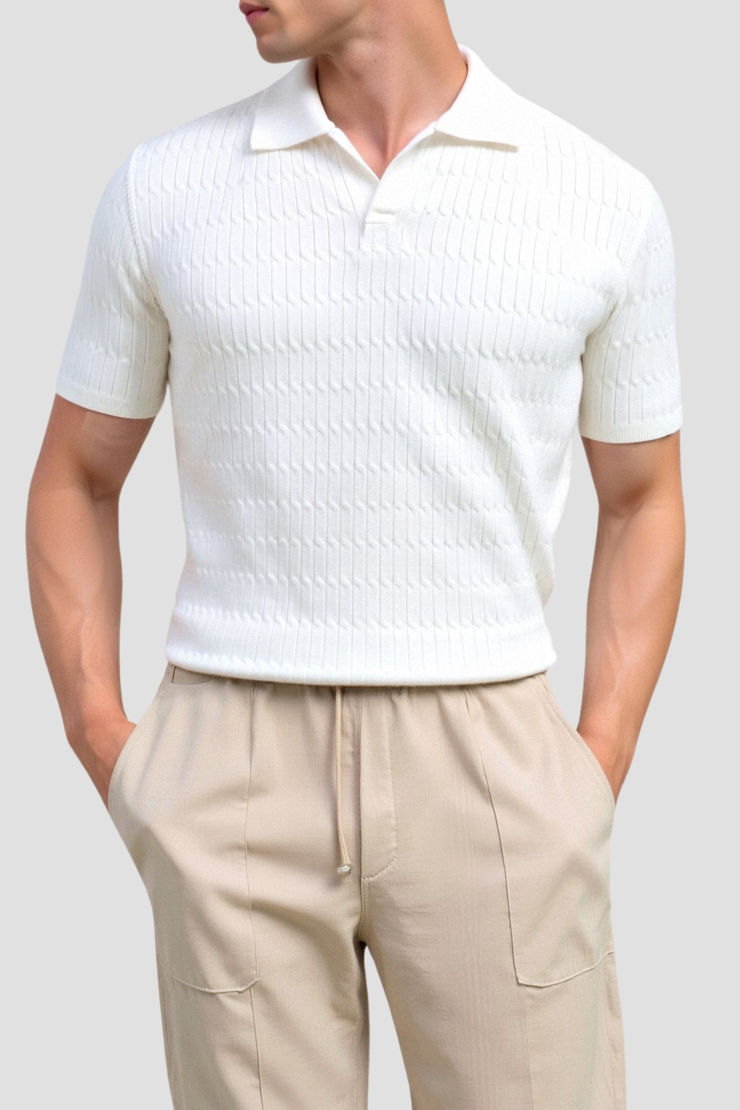 Weißes Herren Poloshirt Gestrickt Strukturmuster