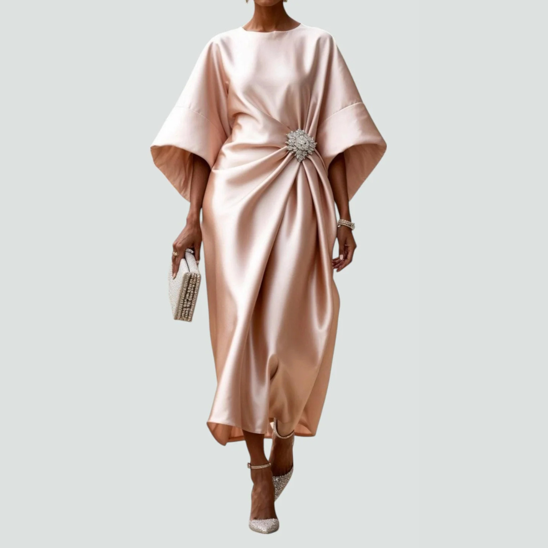 Damen Fledermausärmel Midi Kleid Drapiert