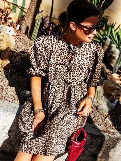Damen Leopardenkleid Kurze Puffärmel