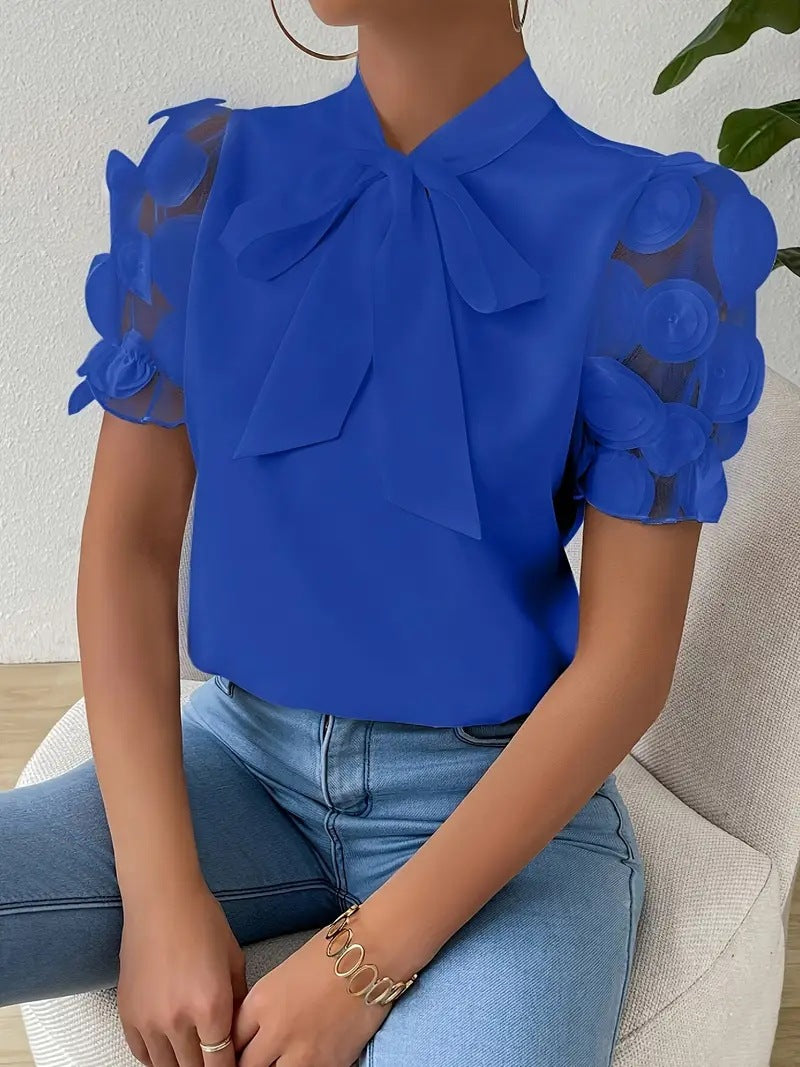 Damen Elegante Bluse Schleifendetail Durchsichtige Ärmel