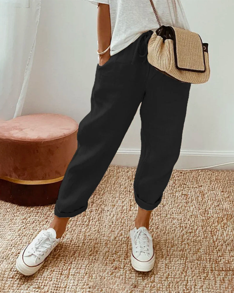 Damen Leinenhose Sommer Beige Kordelzug