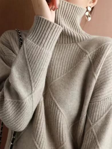 Norvielle Damen Rollkragenpullover 3D Rhombus Muster