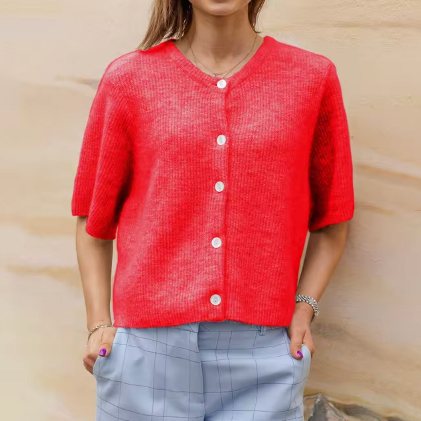 Damen Kurzcardigan Strick Knöpfe Beige