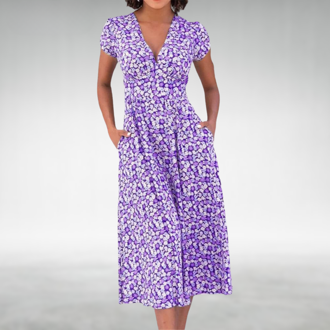 Damen Blumen Midi Kleid V-Ausschnitt mit Taschen