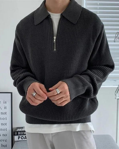 Herren Strickpullover Gerippt mit Polokragen Halb-Reißverschluss Grau