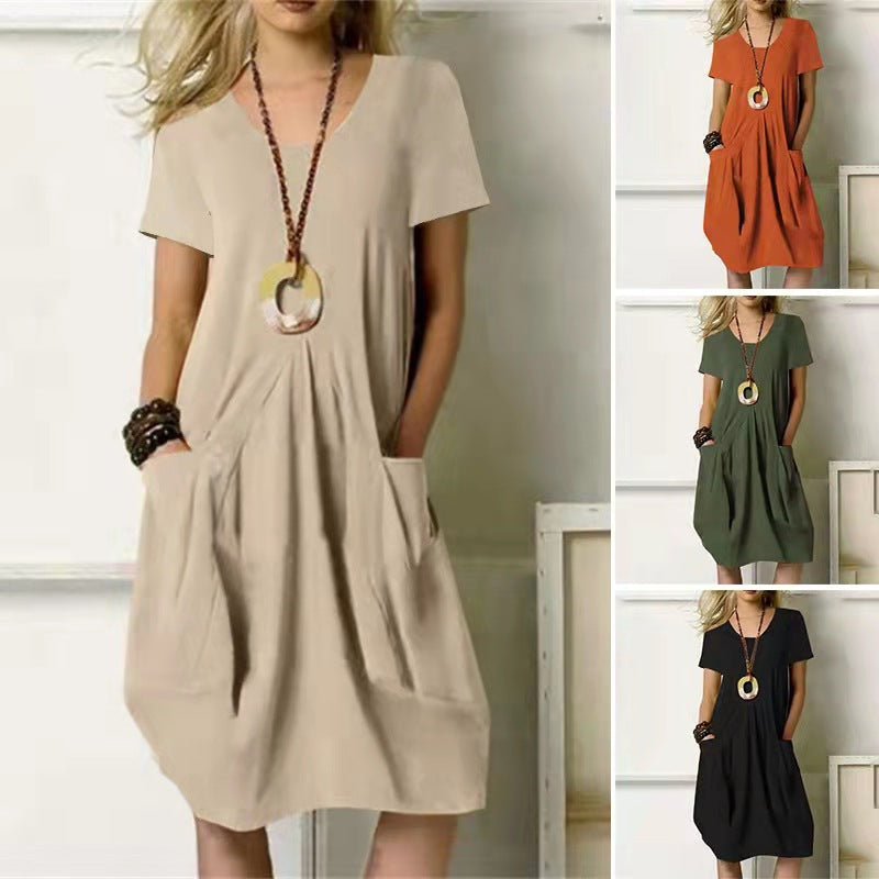 Damen Kurzarmkleid Mit Taschen